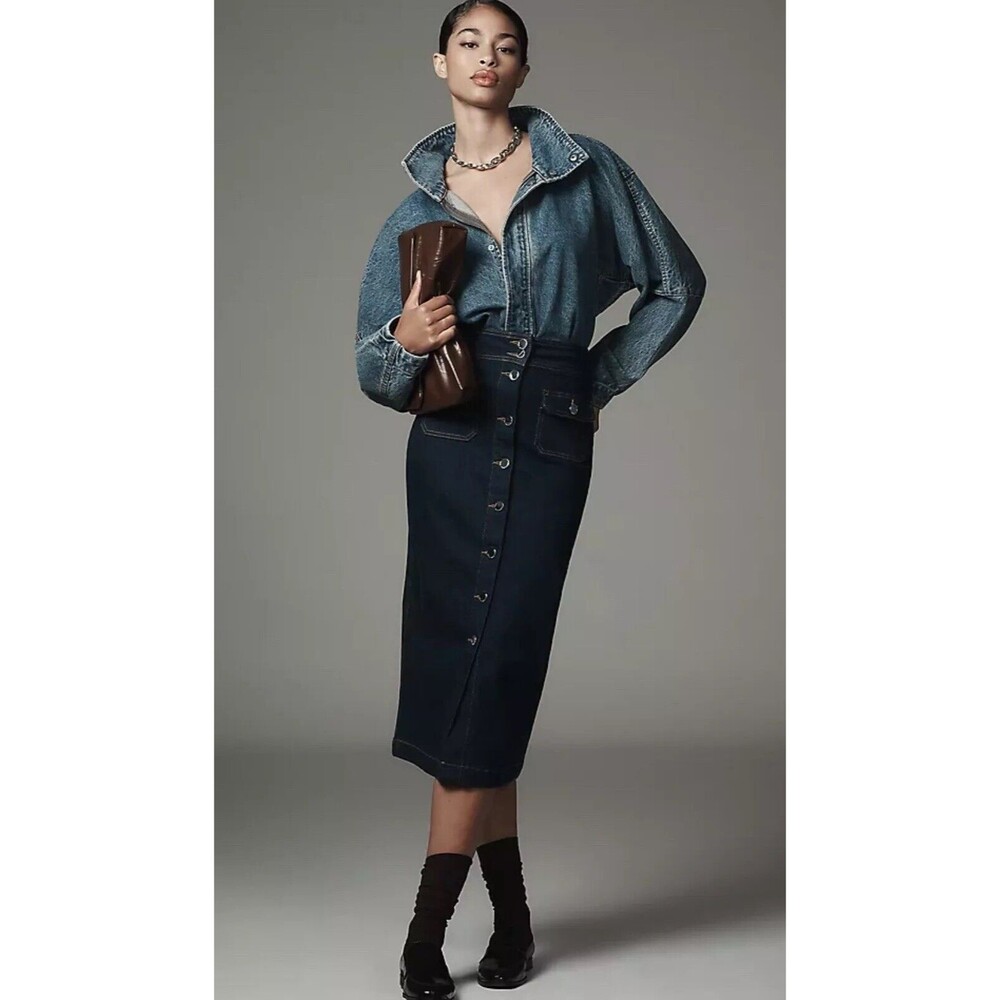 10 Crosby Derek Lam Dark Indigo Button-Front Denim Midi Skirt